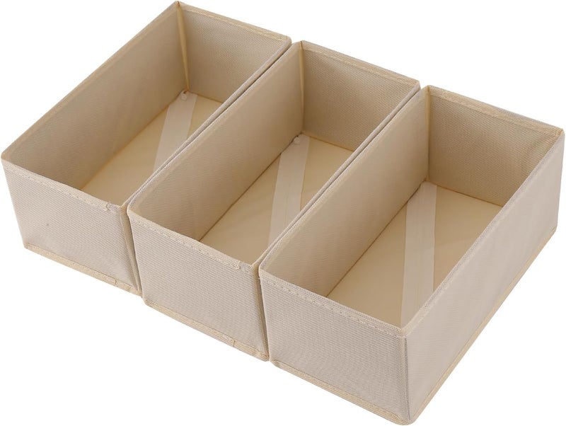 Bructhun Sock Drawer Organizer 3 Pack - Collapsible Fabric Storage Bins for Underwear Divider, Small Closet Organizers with 3 Compartments, Beige - Image 1